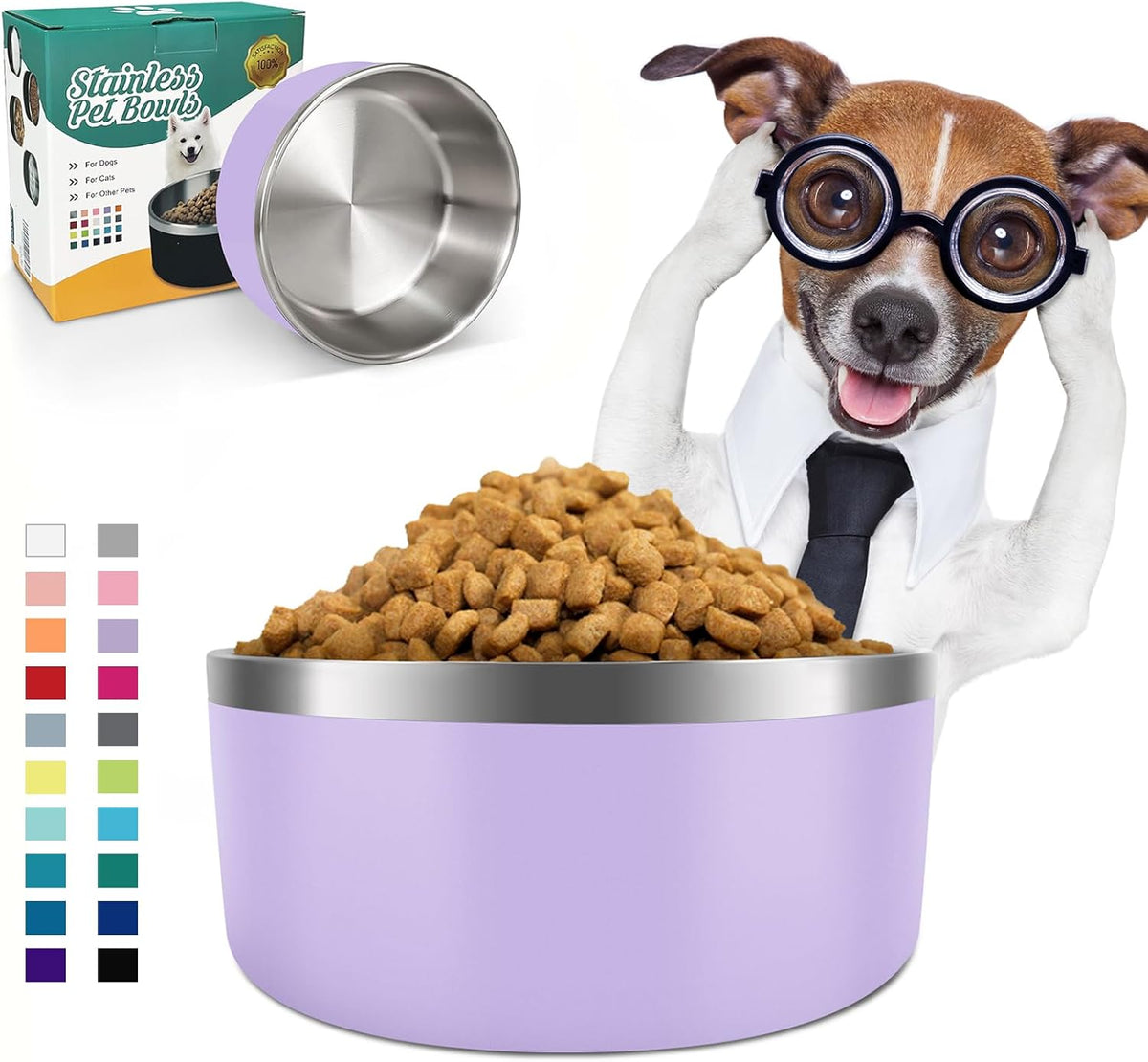IKITCHEN Dog Bowl for Food and Water, 40 Oz Stainless Steel Pet Feeding Bowl, Durable Non-Skid Insulated Heavy Duty with Rubber Bottom for Medium Large Dogs (40 Ounces/5 Cup, Light Purple)