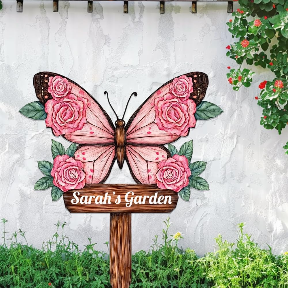 Personalized Butterfly Metal Sign with Stake,Custom Gardener Last Name Signs Outdoor Decorate,Customized Garden Accessories Decor for Mother's Day,Rose Flowers Plaques for Patio Lawn Porch Backyard