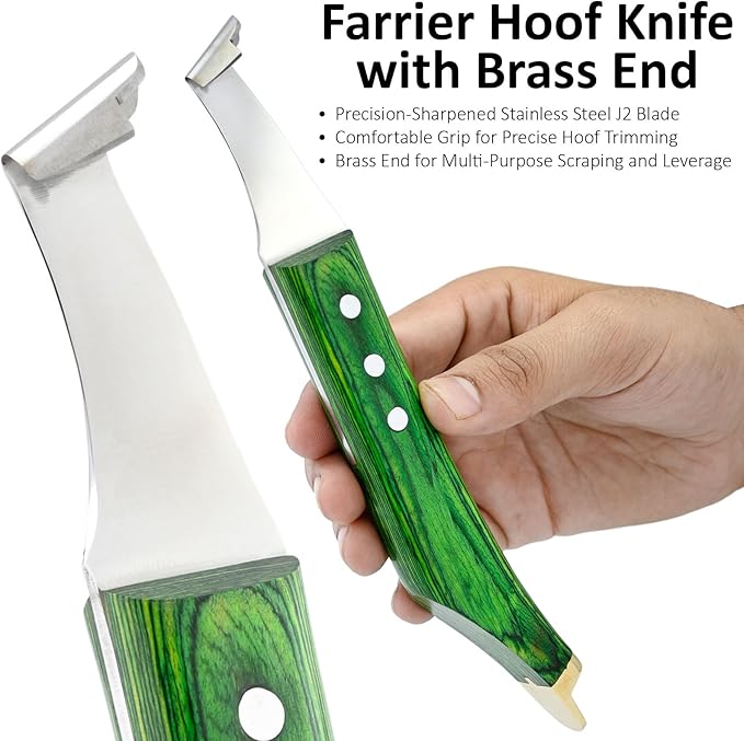 Premium Farrier Loop & Hoof Knife with Brass End – Professional Hoof Trimming Tool for Horses, Cows & Livestock, Stainless Steel Blade, Ergonomic Wood Handle (Green)