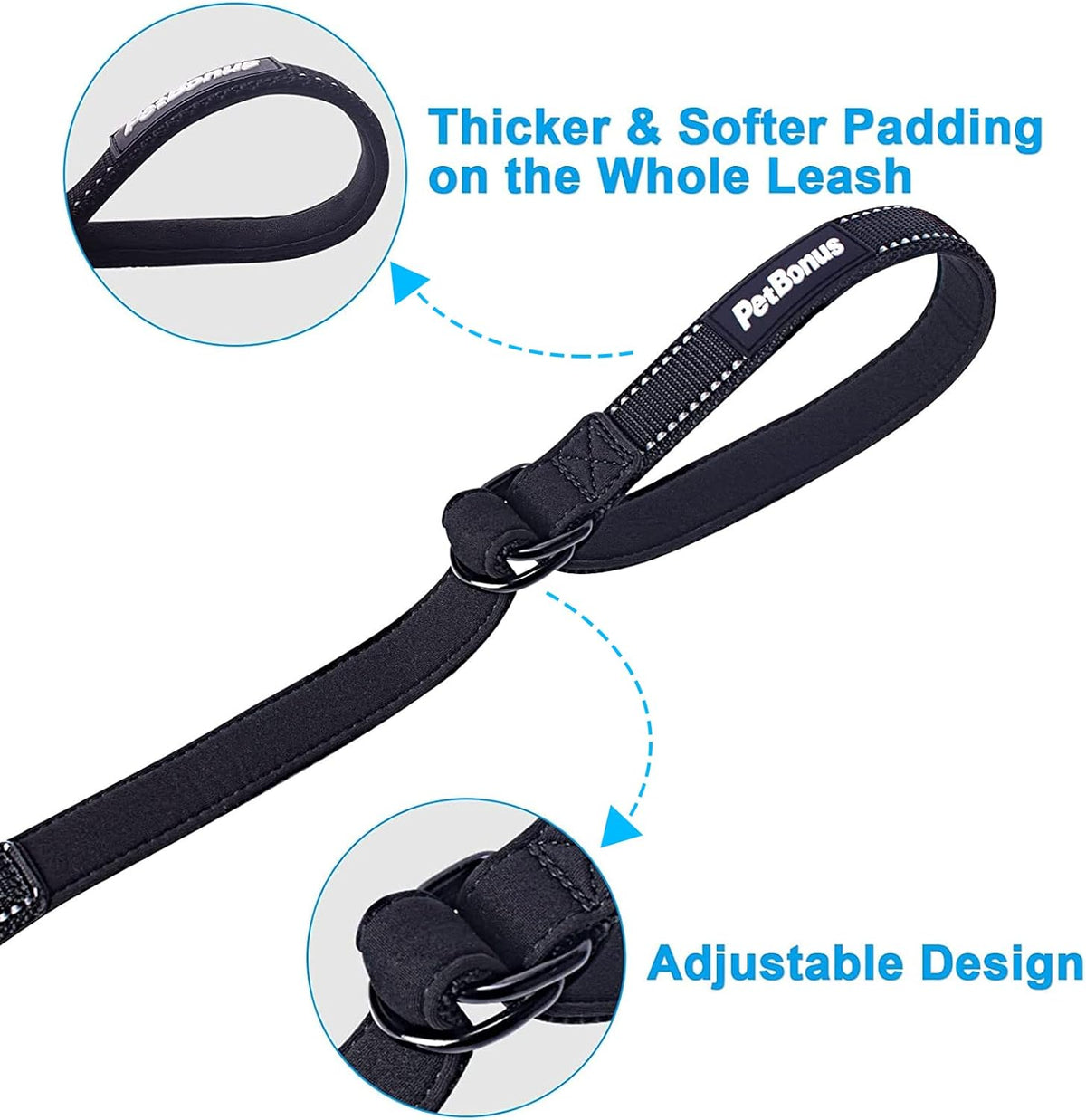 PetBonus Short Dog Leash, Safety Wrist Strap for Retractable Dog Leash, Reflective Design and Adjustable Soft Padded Handle, Extra Layer Security for Pet Stroller (Black)