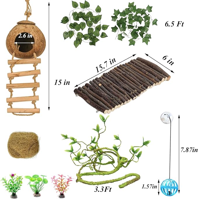 Crested Gecko Tank Accessories，Reptile Vines Plants with Coconut Shell Ladder Hideout Hermit Crab Decor for Bearded Dragon Lizard Chameleon Tortoise Snake