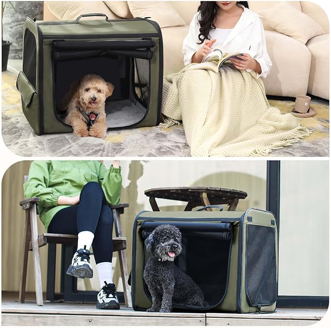Dog Car Carrier Light Weight 24×17.7×20.5in, Dog Carrier Easy to Assemble, Dog Car Crate Portable and Breathable, Foldable Pet Carrier for Indoor and Outdoor, Dog Travel Crate with Curtain Green