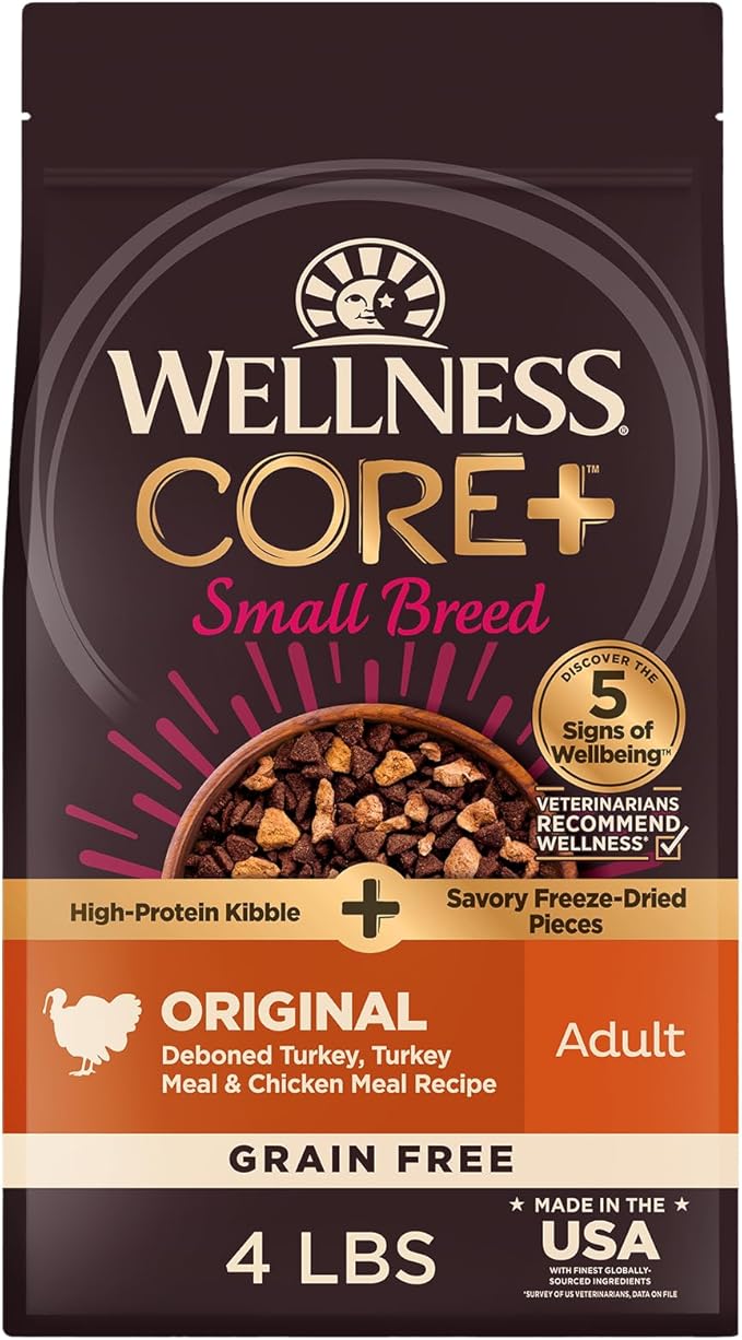Wellness CORE+ (Formerly RawRev) Natural Grain Free Small Breed Dry Dog Food, Original Turkey & Chicken with Freeze Dried Turkey, 4-Pound Bag