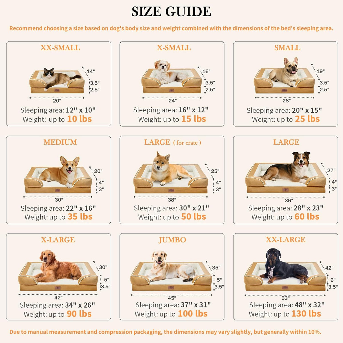 Comfort Expression XXL Orthopedic Dog Bed, Waterproof Dog Beds for Extra Large Dogs, Washable Pet Sofa Couch with Removable Cover & Non-Slip Bottom(XX-Large,Khaki)
