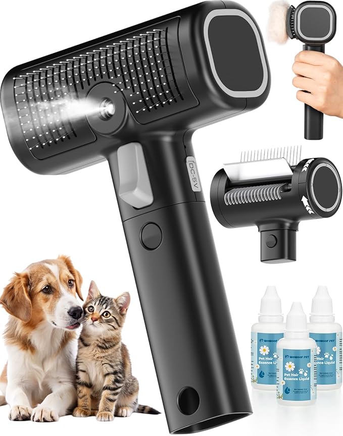 5-in-1 Cat Hair Brush, Dog Grooming Steam Comb for Long Short Haired Indoor Cats Spritz Comb for Deshedding, Detangling, Pet Brush for Kitten Rabbit Massage, with 3 Essence Liquid