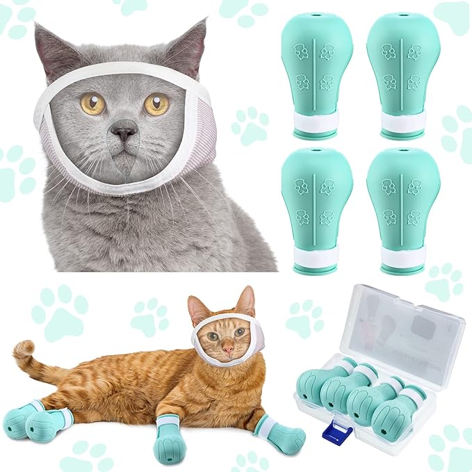 Hillban Cat Muzzle for Grooming with 4 Silicone Boots Breathable Transparent Face Guard Silicone Cat Claw Covers Anti Scratch Booties to Prevent Scratching Biting Bathing Trimming(Small)