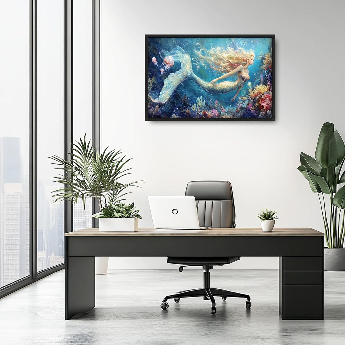 Extra Large Framed Mermaid Wall Art,Oversized Undersea Ocean Wall Decor,Colorful Coral Reefs Pictures for Living Room,Elegant Canvas Print Painting Modern Artwork Bedroom Bathroom 36L x 24W