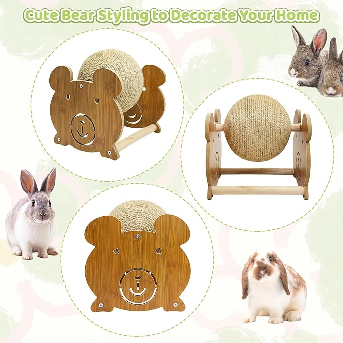 Fhiny Rabbit Scratch Toy, Natural Sisal Bunny Toy Scratching Ball Cute Sisal Bunny Claw Scratcher Ball Rabbit Enrichment Interactive Scratching Post for Kittens Ferrets Bear Shape