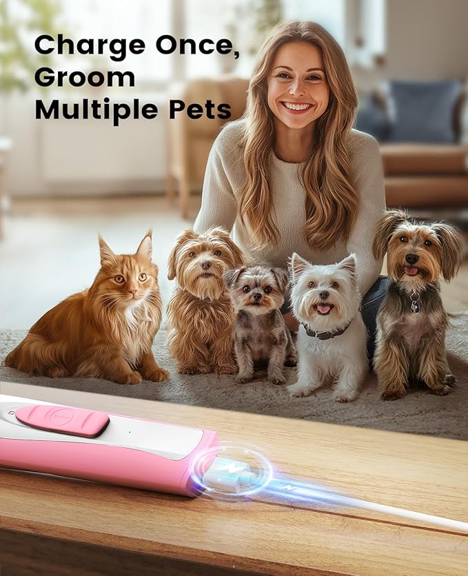 oneisall Low Noise Dog Paw Trimmer with LED Light, Paw Trimmer for Dogs 0.8inch/20mm Widen Blade, 35dB Cordless Electric Pet Paw Grooming Clippers for Paws, Ears, Face, Rump (Pink)