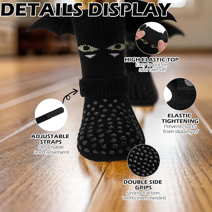 EXPAWLORER Halloween Anti Slip Dog Socks to Prevent Licking Paws, Boots & Paw Protectors with Grippers,Doggie Booties for Hardwood Floors for Small Medium Large Senior Dogs Costume Black Devil Wings S