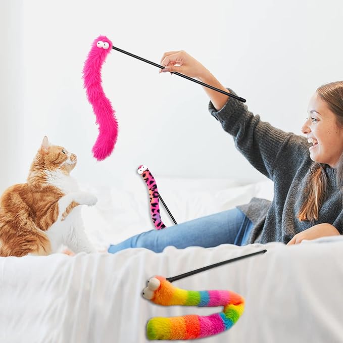 3 Pack Cat Wand Toy, Rainbow Cat Feather Toys with Bells, Teaser Wand with Soft Furry Tail, Interactive Toys for Indoor Cats & Kitten & Kitty