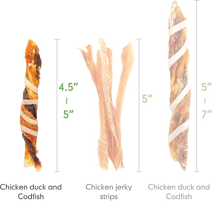MON2SUN Dog Treats, Triple Flavor Jerky Twist Sticks, 4.5-5 Inch Chicken Duck and Codfish Sticks Chews for Small Dogs, Healthy Snacks, 17.64 oz (50 Count-Pack of 1)