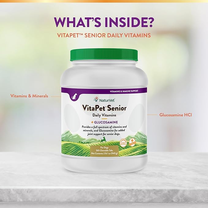 NaturVet –VitaPet Senior Daily Vitamins for Senior Dogs – Plus Glucosamine – Full Spectrum of Vitamins & Minerals – Enhanced with Glucosamine for Added Joint Support – 365 Time Release Tablets