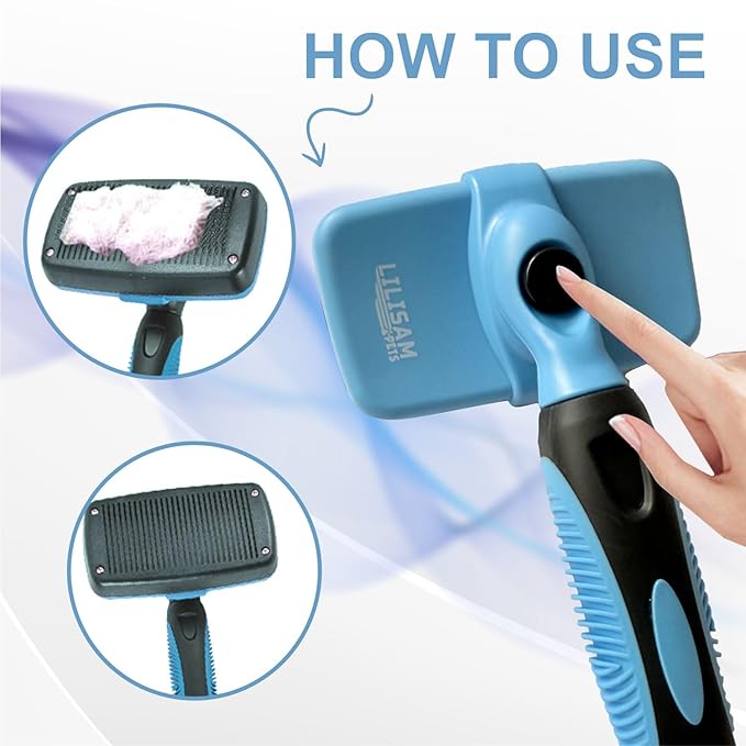 Pet Self Cleaning Slicker Brush and Grooming Comb - Gently Removes Loose Hair, Tangles, and Dirt - Skin Friendly Deshedding Grooming Tool for Hair Dogs & Cats - Pet Supplies Accessories (Blue)