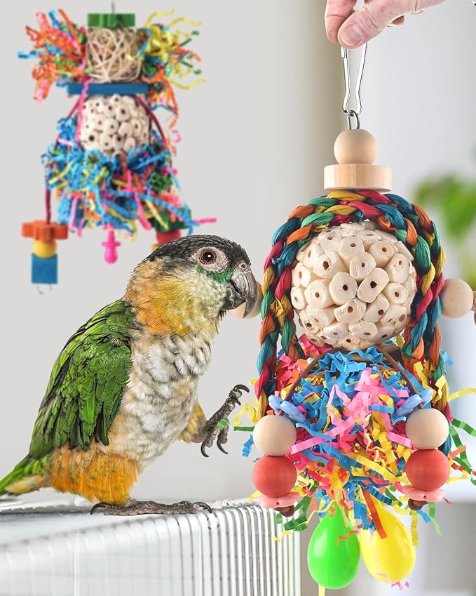 Bissap Conure Toys, 3 PCS Parrot Foraging Shredder Hanging Toys Sola Balls with Sand Hammer Perch Swing Climbing for Small Parrots Parakeets Conures Cockatiels Love Birds Cage Toy