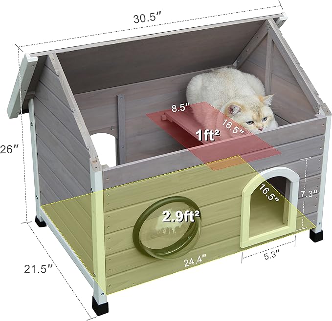 Rockever Outdoor Cat House, Feral Cat House Outdoor Weatherproof with Escape Door and Clear Windows for 2 Cats (Grey)