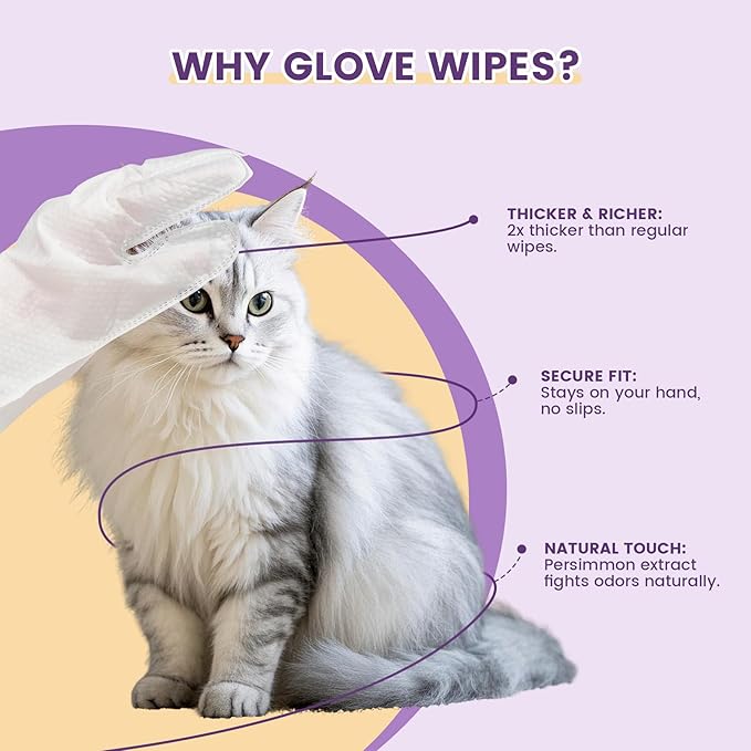 50 Pcs Cleaning Deodorizing Pet Glove Wipes for Dogs & Cats, Hypoallergenic Dog Bath Wipes with Natural Deodorizer Persimmon Tannin, Pet Bathing Wipes for Horse Coat Care Lavender Scent