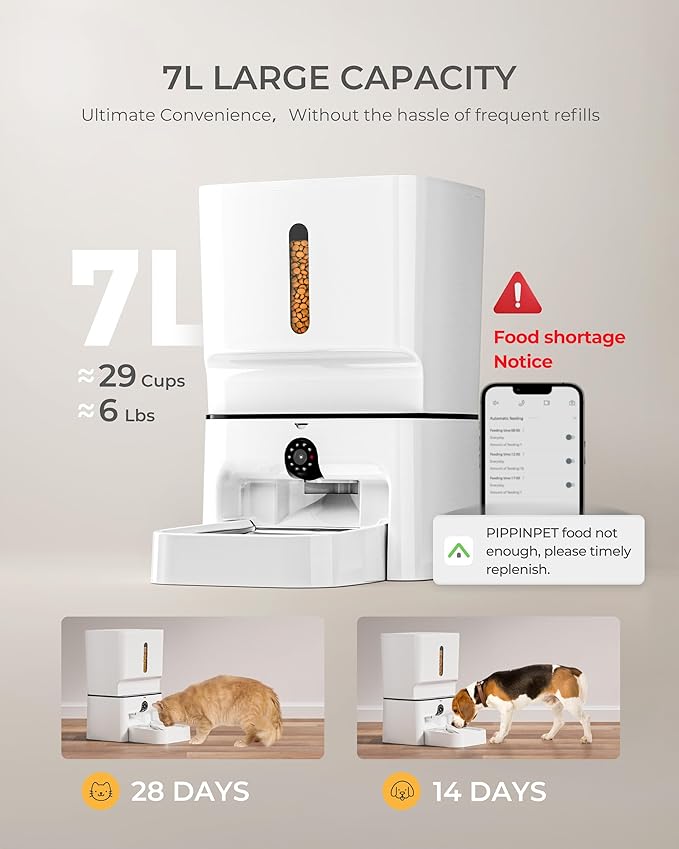 Automatic Cat Feeder with Camera, 7L Timed Dog Feeders, Adjustable Camera, 1080P HD Night Vision, Automatic Dog Feeder, 5G WiFi Cat Food Dispenser with 2-Way Audio, Low Food & Motion Alerts