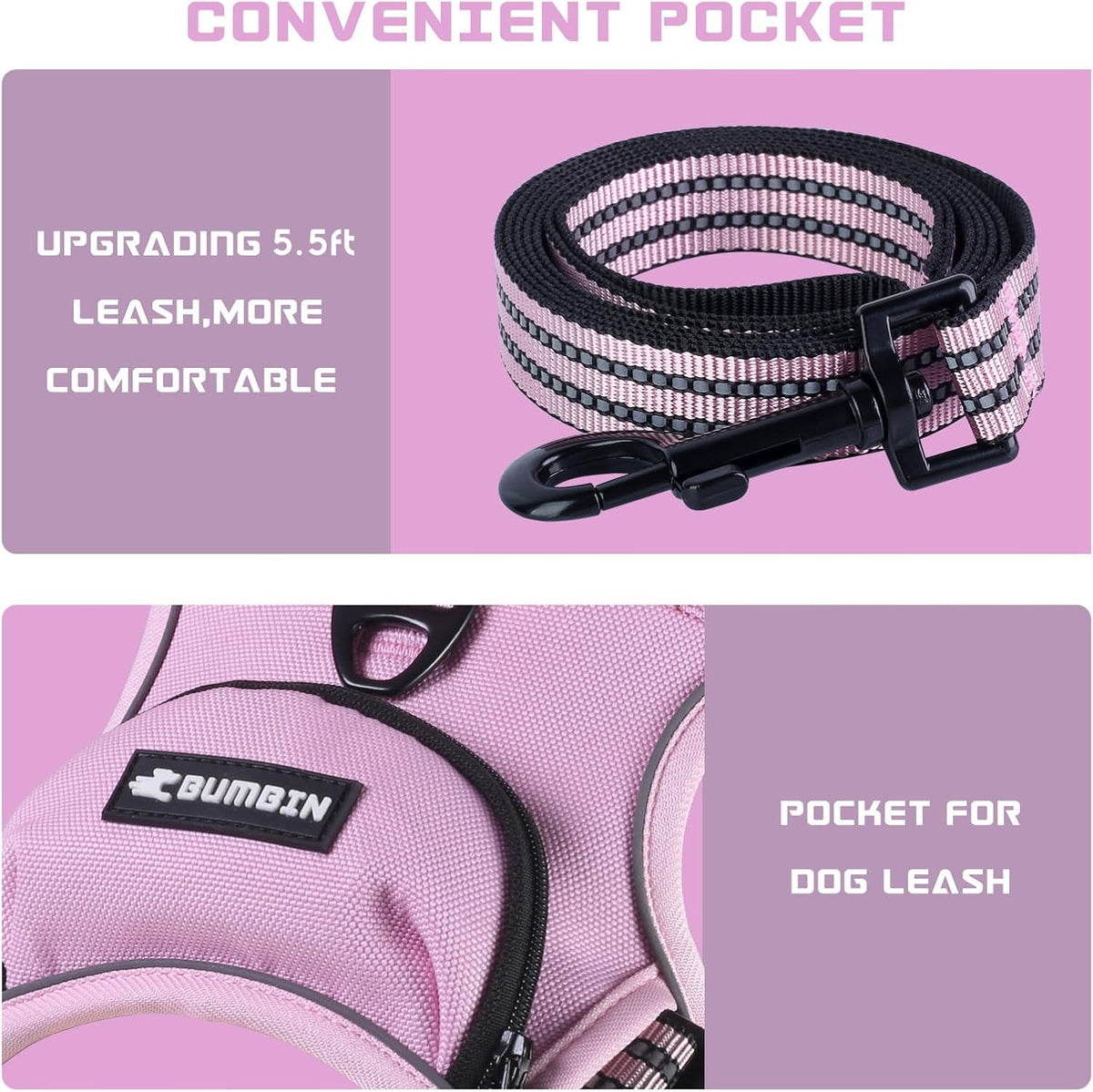 BUMBIN Dog Harness for Large Dogs, No Pull Adjustable No Choke Pet Vest with Dog Leash Fit Smart Reflective Pet Walking Harness for Training Easy Control Soft Handle Pink XL