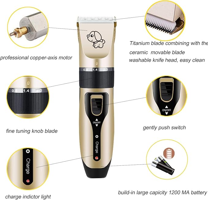 Pet Grooming kit, Professional Rechargeable Cordless Dog Grooming Clippers Kit Low Noise Electric Hair Trimming Clippers Set with Comb Guides, Stain Steel Scissors, Nail Kits and Popular groomi