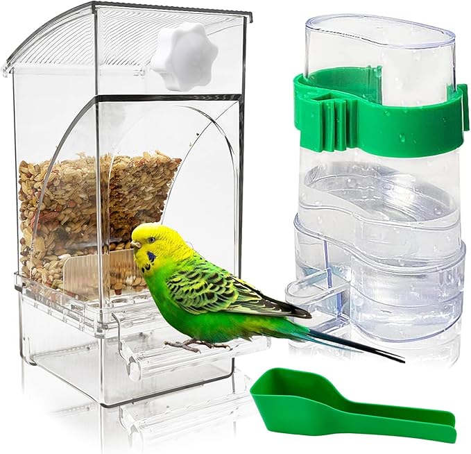 Hamiledyi No Mess Bird Feeders Water Dispenser Set Automatic Parakeet Cage Feeder with Perch Transparent Acrylic Container Parrot Cage Accessories for Canary Budgie Lovebirds Finches