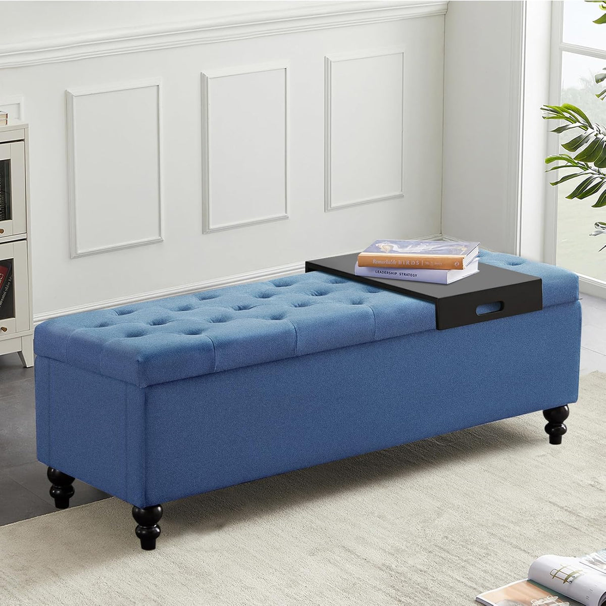 Ottoman with Storage,50.2-inch Upholstered End of Bed Storage Bench for Bedroom,for The Living Room,for Entryway, with Tray & Button and Safety Hinges,Detachable (Blue)