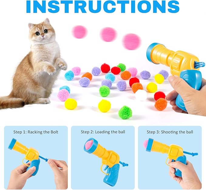 31Pcs Cat Ball Toy Launcher, 30Pcs Plush Fuzzy Balls, Cat Fetch Toy Gun Shooter for Indoor Kittens