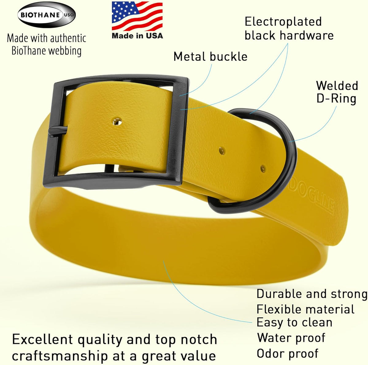 Dogline Biothane Waterproof Dog Collar Strong Coated Nylon Webbing with Black Hardware Odor- Proof for Easy Care Easy to Clean High Performance Fits Small Medium or Large Dogs, Treasure Gold