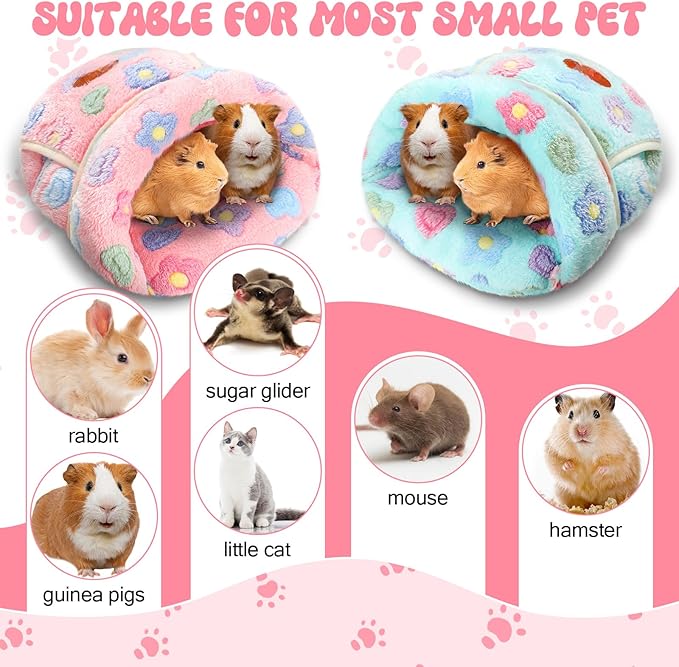 Wenqik 2 Pcs Guinea Pig Bed Cuddle Warm Hideout Small Animal Sack Cozy House Bedding Sleeping Cushion Portable Pet Carrier Cage Nest for Rabbit Hamster Rat (Green, Pink,Flowers)