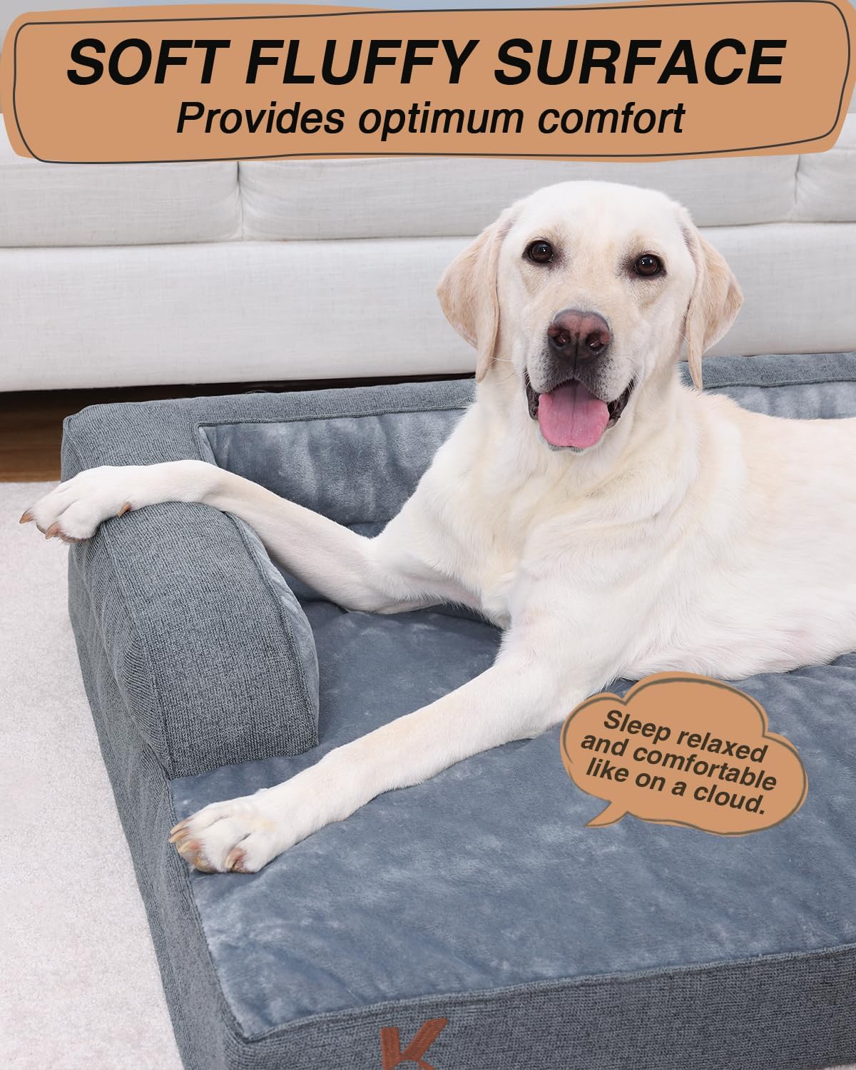 KSIIA Orthopedic Dog Bed for Large Sized Dog，Washable Pet Sofa with U-Shaped Bolster Removable Waterproof Cover Non-Slip Bottom and Egg-Crate Orthopedic Foam Pet Couch Bed, 41 x 27 Inch, Dark Gray