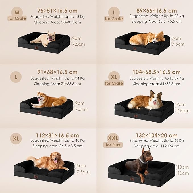 EHEYCIGA Orthopedic Dog Bed for Medium Dogs, Waterproof Memory Foam Medium Dog Beds with Sides, Non-Slip Bottom and Egg-Crate Foam Pet Couch Bed with Washable Removable Cover, Black