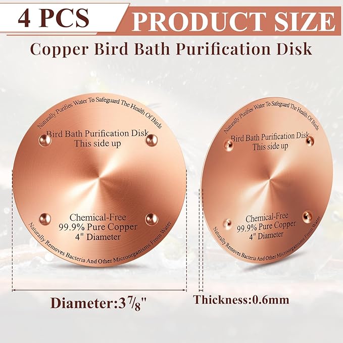 4 Pcs Bird Bath Copper Disk, 0.6mm Thick Reinforced 99.99% Pure Copper Birdbath Purification Disk, with 4 Point Support for Outdoor Birdbaths Bowls Cleaner, 4 Inch (Classic)