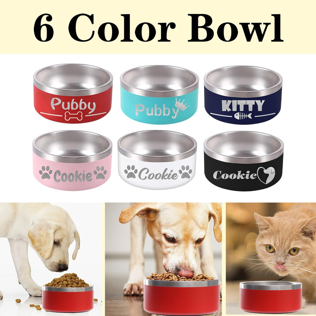 Personalized Dog Bowl Laser Engraved Custom Pet Name 18/32/42/64 oz No Slip Stainless Steel Insulated Bite-Resistant Food Water Dishes-Pink