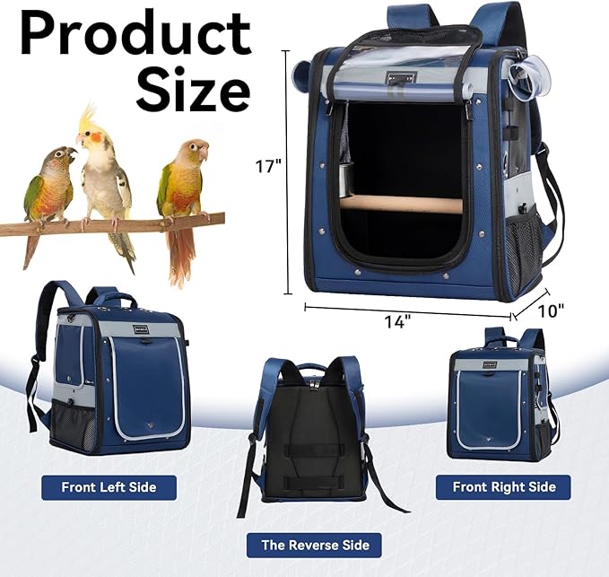 Petsfit Bird Carrier with Anti-Pecking Band,Bird Backpack Carrier with 2 Level Height to Adjust Standing Perch and Shade Cover Blue