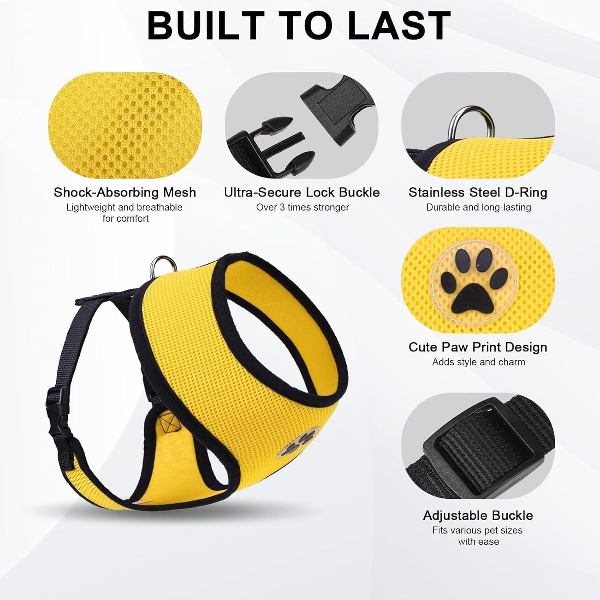 BINGPET No Pull Dog Harness, Soft Mesh Breathable All Weather Vest, Safety Protection Design, Durable Adjustable Step-in Easy Walk Harness for Small Dogs (Yellow, XS)
