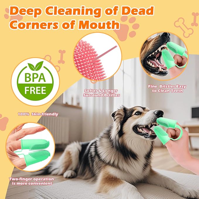 Dog Toothbrush, Dogs Tooth Brushing Kit, Cat Tooth Brush for Small to Large Dogs & Puppies, 2Pack Double Finger Toothbrush for Dog Teeth 360 Cleaning & Dental Care