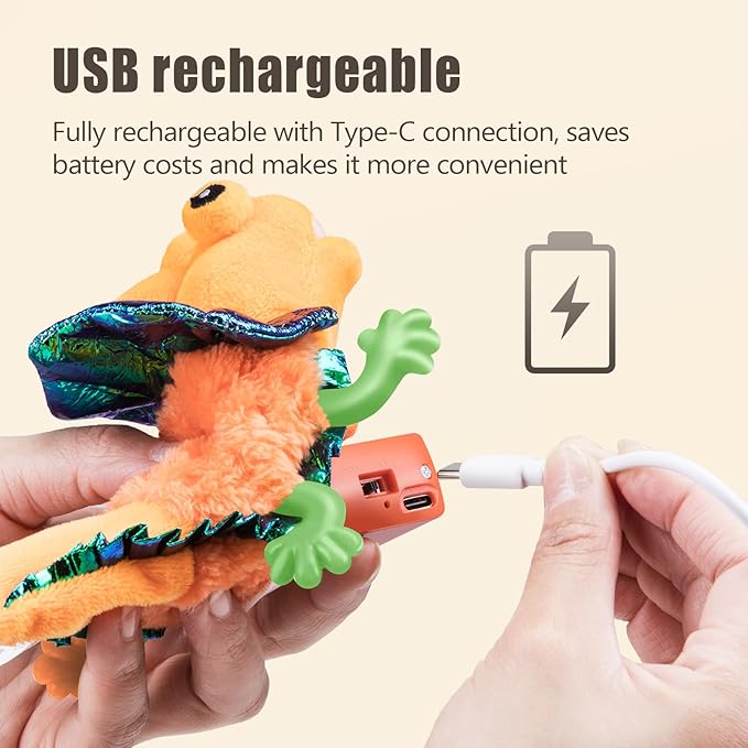 Migipaws Cat Toys, Touch Activated Flapping Chirping Lizard Kitten Toy with Catnip for Indoor Cats Kicker, Rechargeable (Orange)