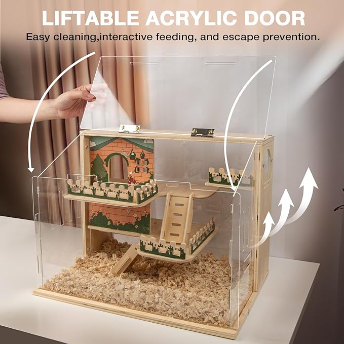 Wooden Hamster Cage, 15.8" 3-Layer Acrylic Dwarf Hamster Cages,Top Open Small Animal Cages with Stairs, Fences, Pastoral Style Mouse Cage for Pet Mice, Hedgehog