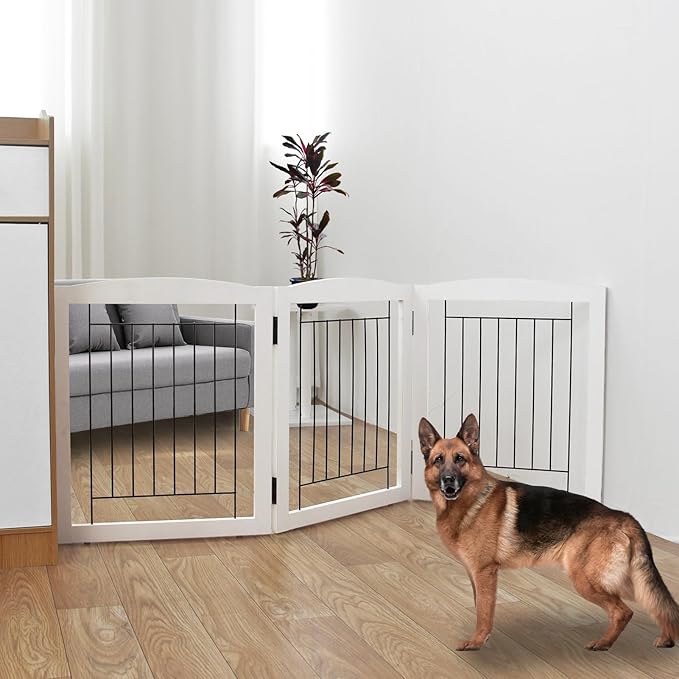 ZJSF Freestanding Foldable Dog Gate for House Extra Wide Wooden White Indoor Puppy Gate Stairs Doorways Pet Gate Tall Dog Fence 3 Panels Fence