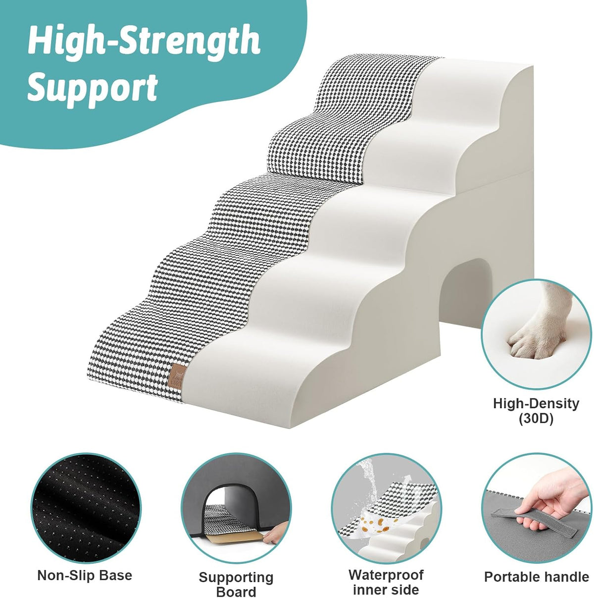 Wide Dog Stairs with Tunnel, Foam Detachable Large Dog Step for Small Pet, Puppy or Cats, Medium Pet Ramp for High Bed, Couch, Sofa or Car, 19.7x33x22.4 inch, 5 Step, White Black