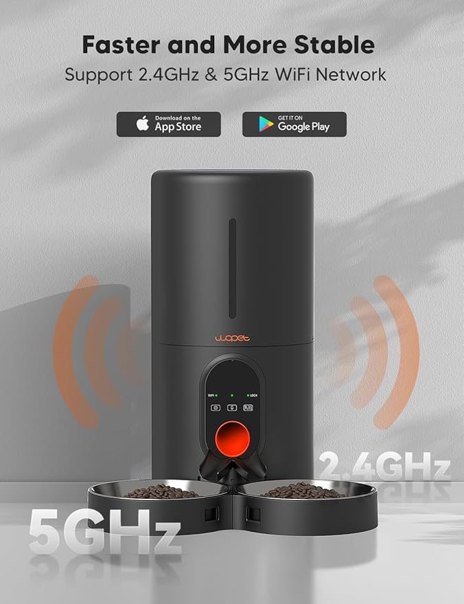 WOPET Automatic Cat Feeder, 5G WiFi Pet Feeder for Two Cats or Dogs with Remote Control, 6L Cat Food Dispenser with Low Food Sensor, 1-10 Meals Per Day, Up to 10s Meal Call for Pets