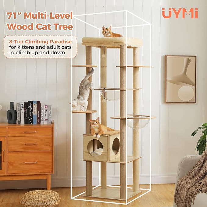 71" Tall Wood Cat Tree for Large Cats, Modern Cat Tower with 2 Acrylic Bowls, Large Top Perch, Spacious Cat Cave (Soft Cushion Included), 10 Sisal Scratching Posts and Non-Slip Jump Platforms