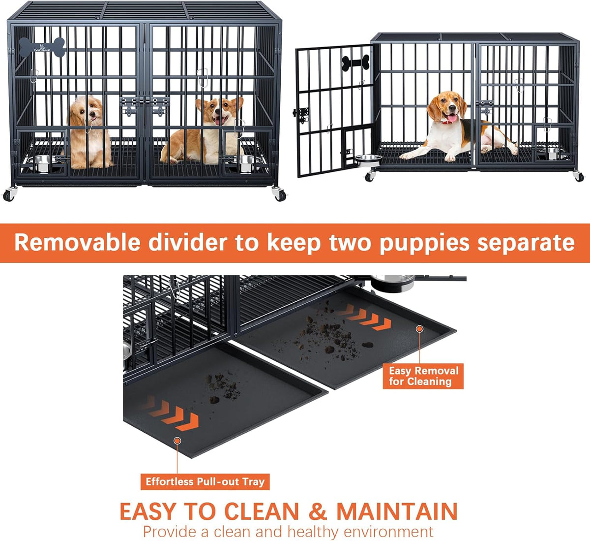 aboxoo 42/48 inch Heavy Duty Metal Dog Crate for 2 Dogs/Large Dog,All Metal Open Top Stackable,Dog Kennel Indoor with Wheels,Floor Grid, Tray, Divider and Feeding Bowl