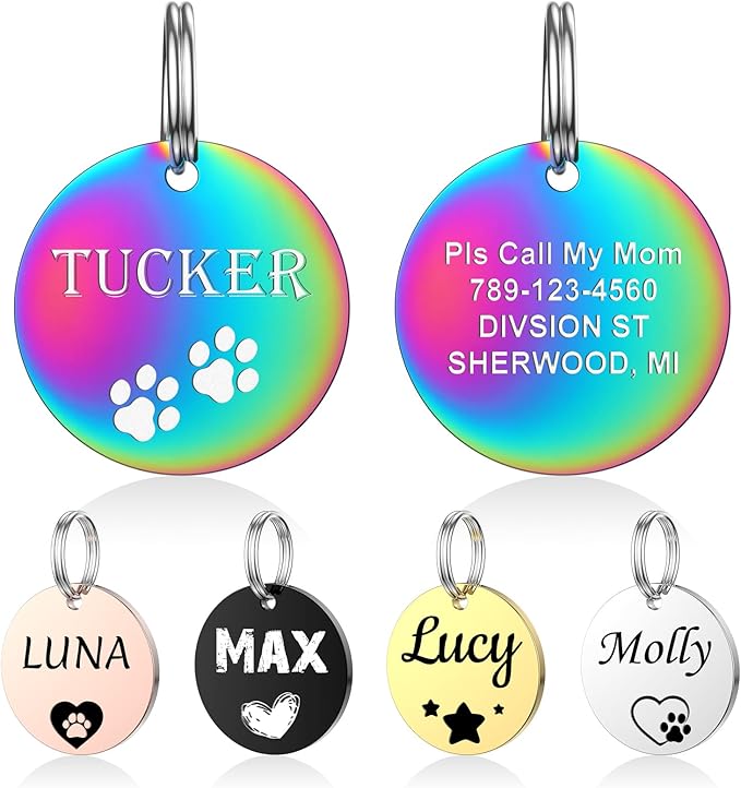 YEHANTI Dog Tags Engraved for Pets Personalized, Custom Stainless Steel Dog Tags and Cat Tags with Various Cute and Beautiful Icons, Double Sided Engraved Pet ID Tags Dog Name Tag, Round