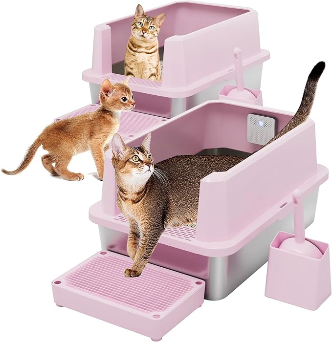 RIZZARI Stainless Steel Cat Litter Box, Semi-Closed Litter Box with High Edges, Large Odorless Litter Pan with for Small to Large Cats (Pink with Deodorizer, 2 Pack)