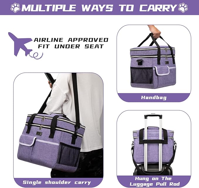 BAGLHER Dog Travel Bag for Supplies - Double-Layer Airline Approved Weekend Pet Travel Organizer Set for Dog and Cat Tote with 2 Pet Food Containers and 2 Collapsible Silicone Bowls Purple