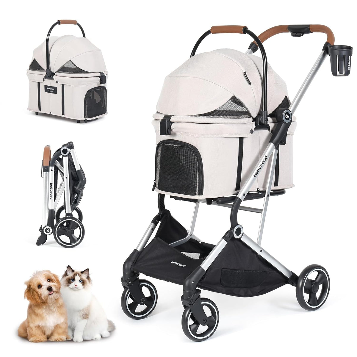 T3 Pro 3-in-1 Pet Stroller for Small Dogs & Cats – Foldable, Lightweight with Detachable Carrier, 180° Canopy & Cup Holder (Beige)