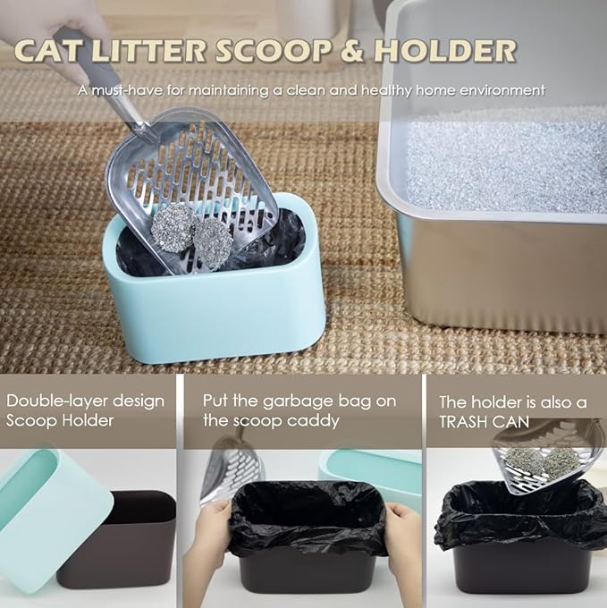 Aluminum Cat Litter Scoop in Holder, Non-Stick Cat Poop Scooper with Holder, Fast Sifting Kitten Poop Lifter and Caddy (Blue)
