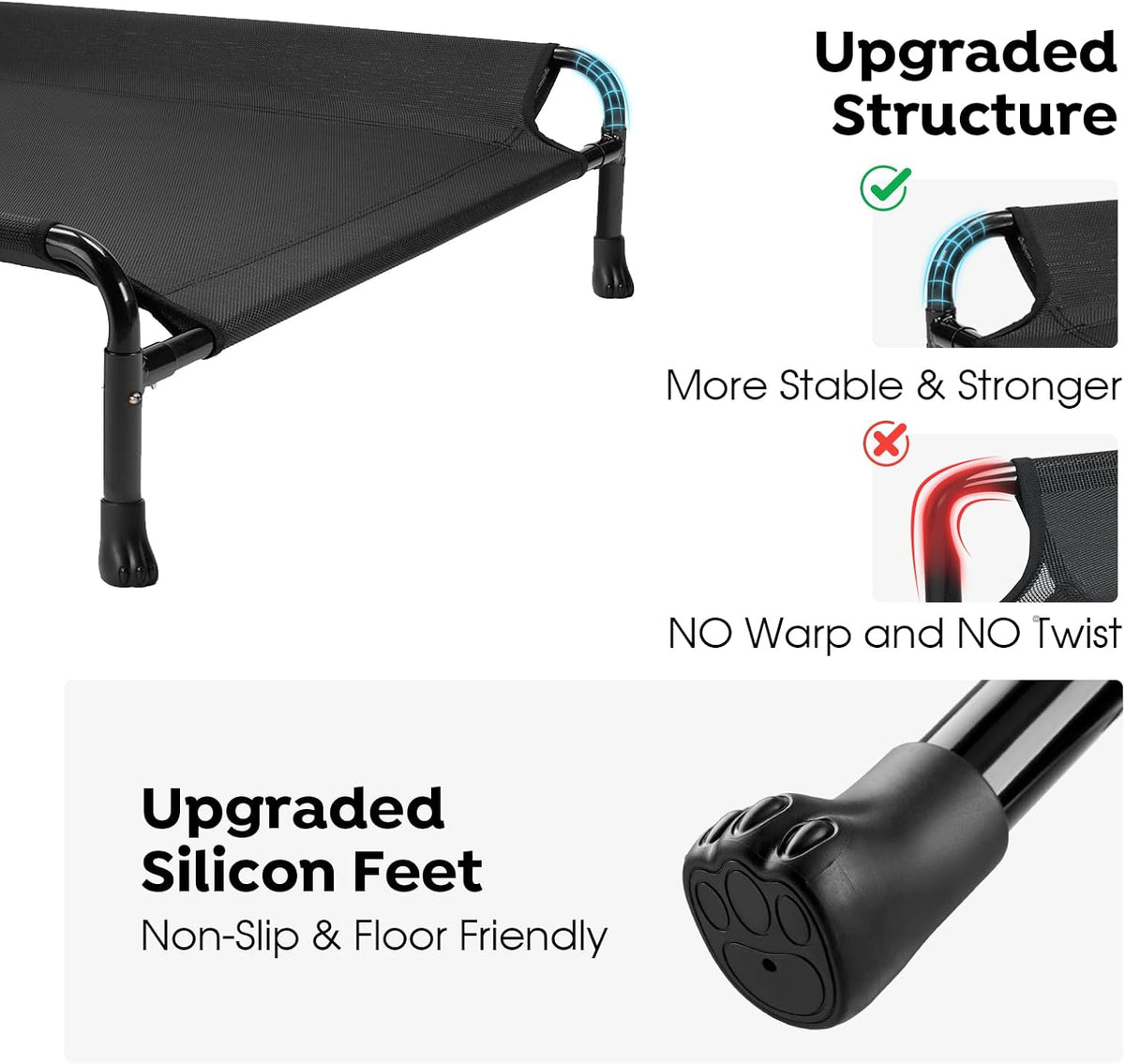 Veehoo Cooling Elevated Dog Bed, 59" x 37" Raised Dog Beds for Large Dogs, Outdoor Dog Bed with Guardrail, Upgraded Non-Slip Feet, Breathable Teslin Mesh, Portable Camping Dog Cot, Black