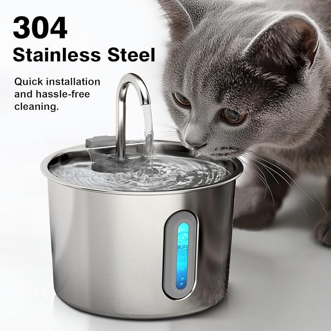 Cat Water Fountain, 74oz/2.2L Cat Fountain for Drinking - Pet Water Fountain Stainless Steel for Cats Inside - Quiet Water Bowl Dispenser - Kitty Drinking Fountains - 4 Filters + 4 Sponges